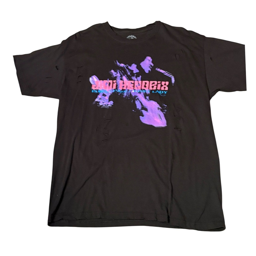 Authentic Hendrix Graphic Women Large Black Good Distressed Slashed Rock Shirt